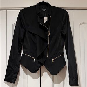 Bebe Katrina drape front moto Black Blazer with Gold Zipper Details 8 nwt